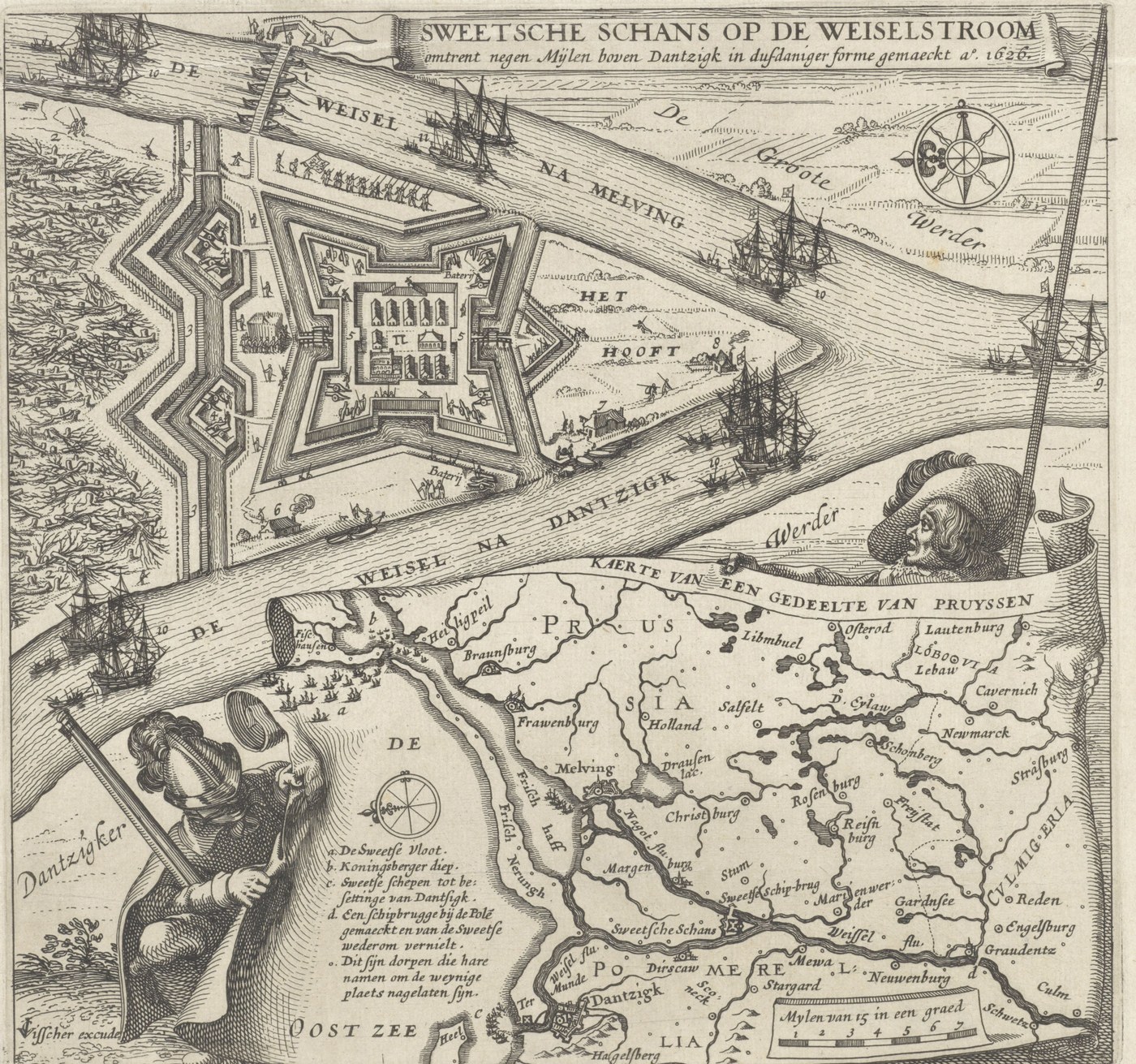 Akwaforta przedstawiająca gwiaździsty fort ziemny w widłach rzeki pełnej żaglowców, nad wstęgą z napisem mapa części Prus, ukazującą deltę Wisły, Gdańsk, Elbląg i Zalew Wiślany, trzymaną przez dwóch żołnierzy.