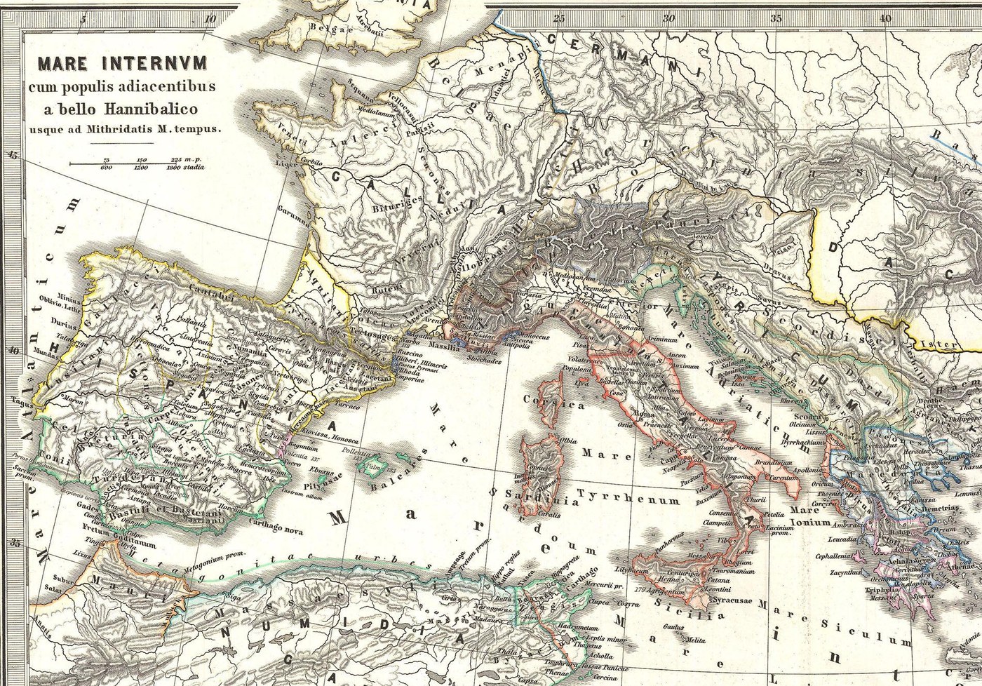 Ręcznie kolorowana dziewiętnastowieczna mapa zachodniej części Morza Śródziemnego: Hiszpania, Galia, Italia i wyspy Korsyka, Sardynia i Sycylia, wybrzeże Afryki Północnej z Kartaginą i Numidią oraz Alpy u góry, z terytorium rzymskim obwiedzionym na czerwono.