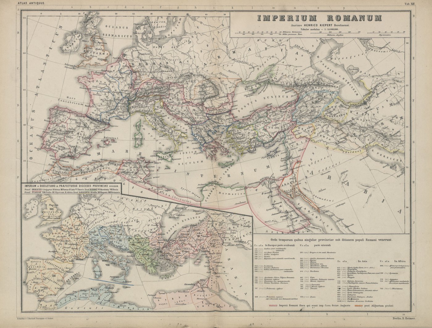 Dziewiętnastowieczna łacińska mapa zatytułowana Imperium Romanum, przedstawiająca świat śródziemnomorski od Brytanii i Hiszpanii po Mezopotamię i Egipt, z prowincjami rzymskimi obwiedzionymi kolorem, czerwoną linią granicy za Augusta, wkładką z cesarstwem podzielonym na prefektury za Dioklecjana i tabelą dat.