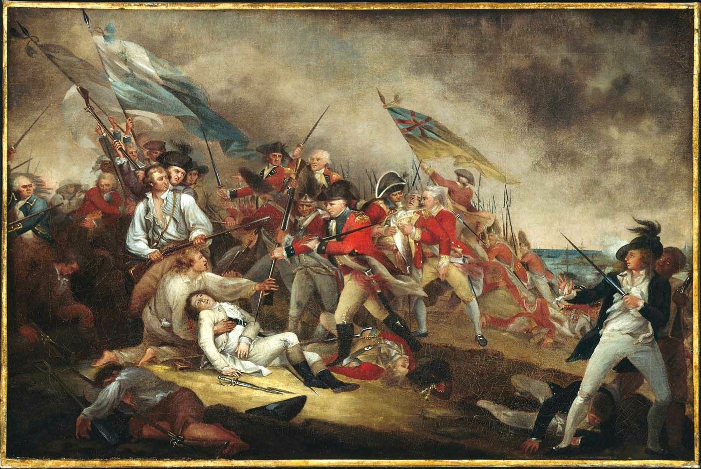 Painting of British soldiers storming a redoubt where the dying Warren lies