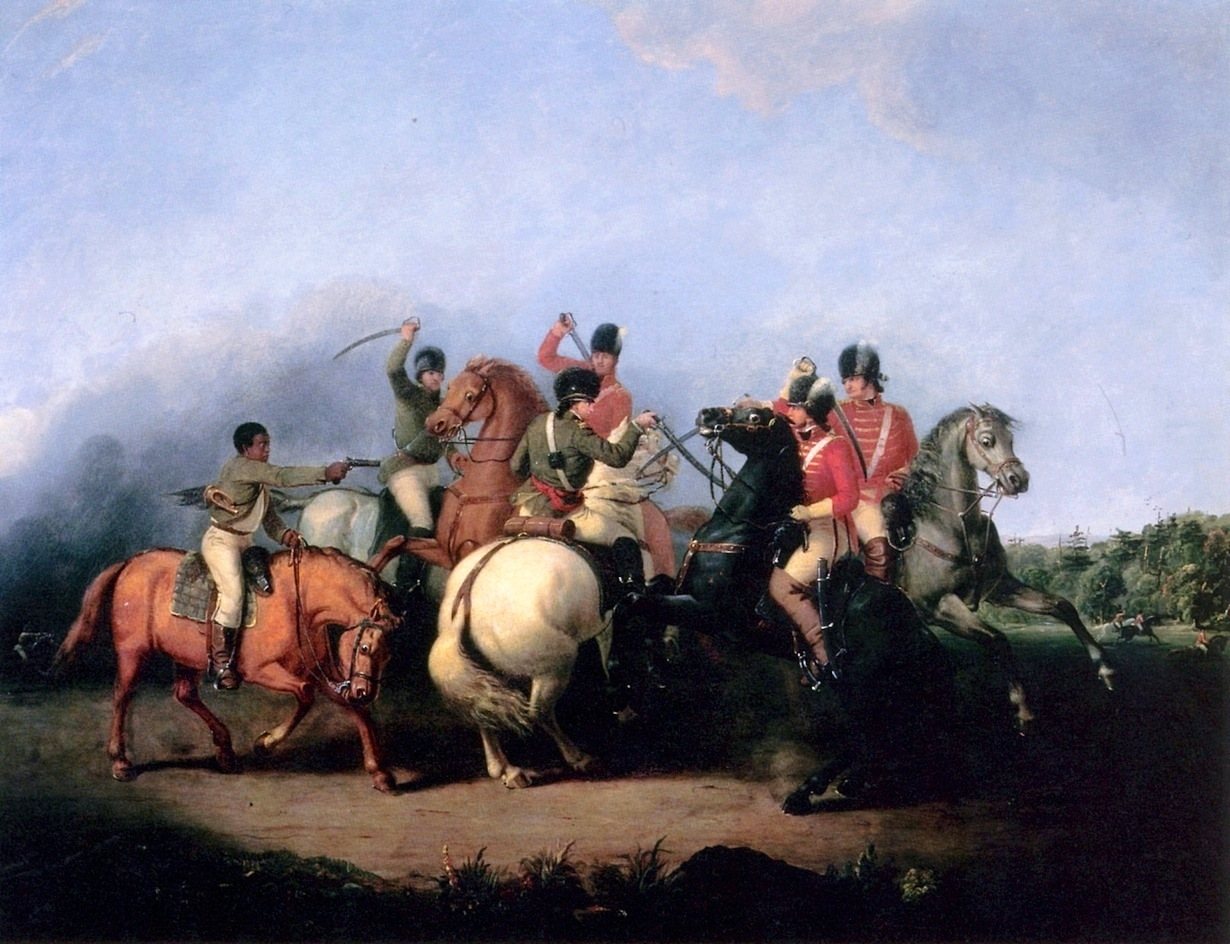Painting of a cavalry melee with an officer on a white horse