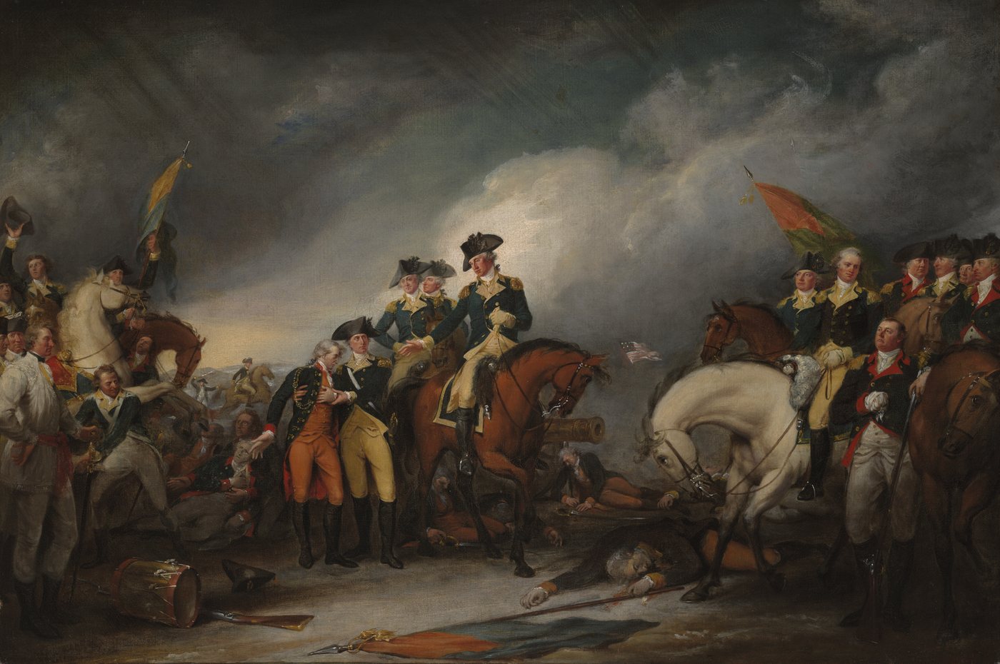 Painting of Washington on horseback beside a wounded Hessian officer