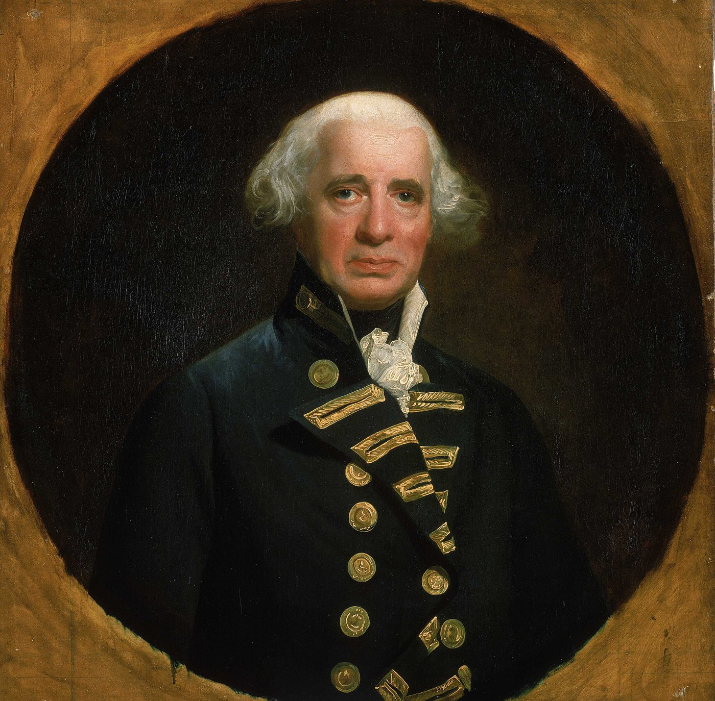 Oval portrait of an elderly man with white hair in a dark blue admiral's coat with gold lace and buttons.