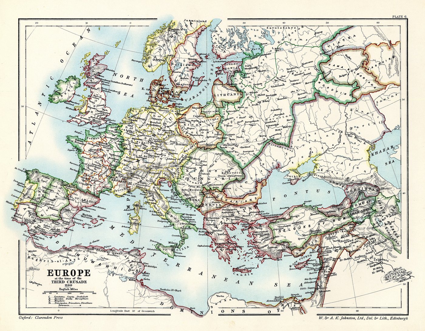 Coloured historical map of Europe and the Mediterranean around 1190