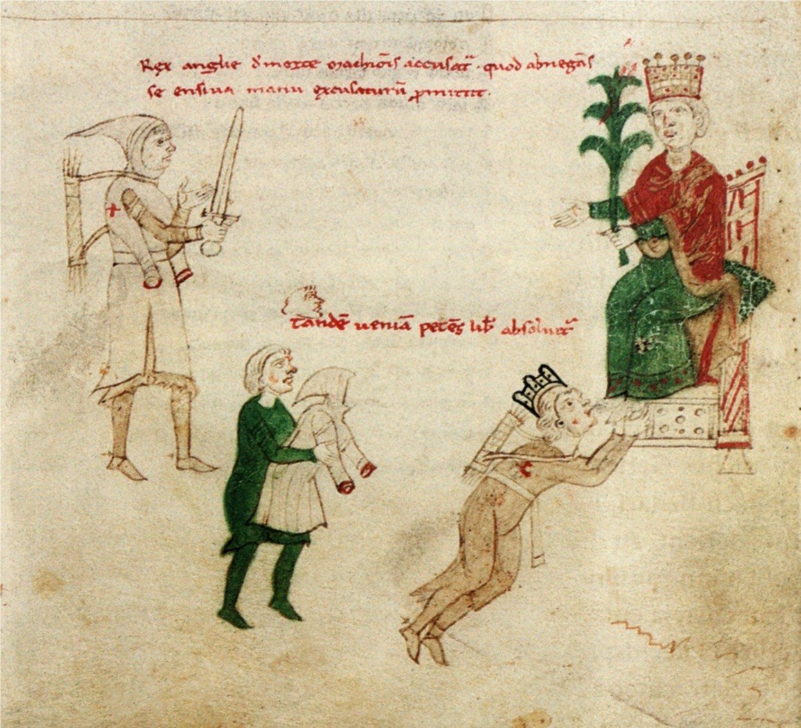 Medieval manuscript drawing of a crowned emperor on a throne with a crowned man bowing before him