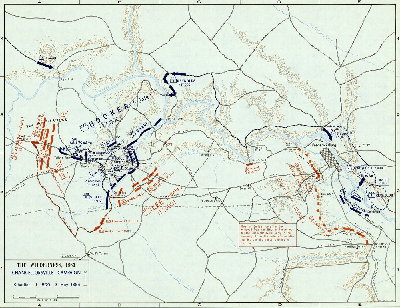 Mapa wojskowa pola bitwy pod Chancellorsville z pozycjami Unii na niebiesko i Konfederacji na czerwono