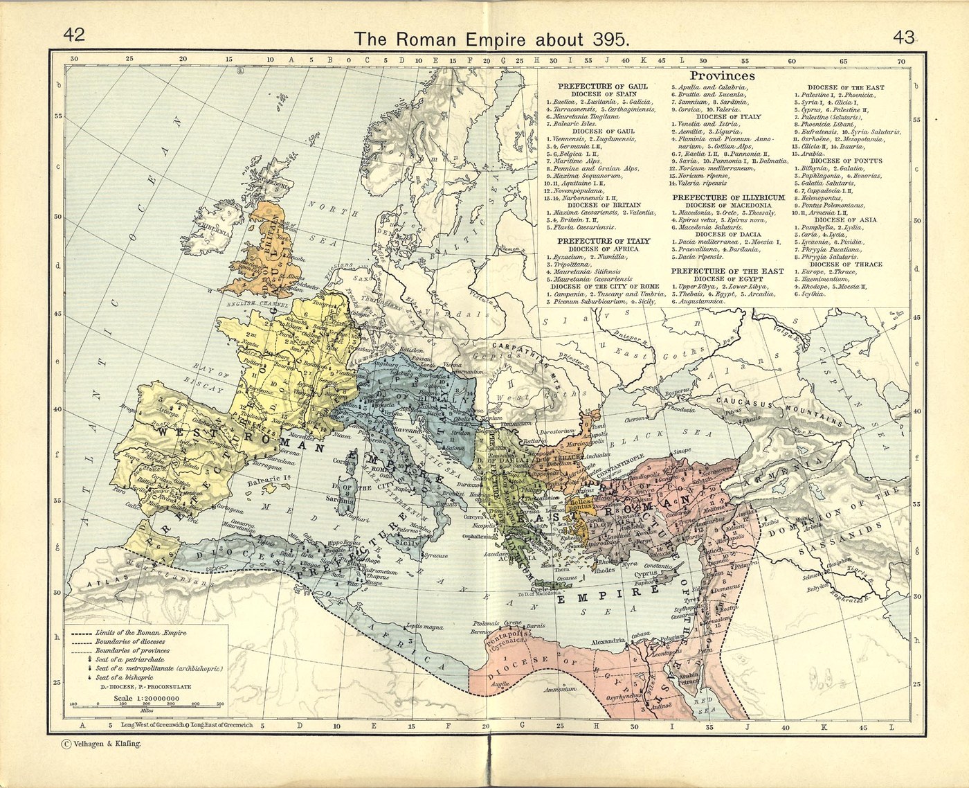 Barwna mapa historyczna Cesarstwa Rzymskiego od Brytanii i Hiszpanii po Mezopotamię i Egipt, z diecezjami i prowincjami zacienionymi na niebiesko, zielono, pomarańczowo, różowo i żółto, z ludami spoza granicy, takimi jak Goci, Wandalowie i Słowianie, opisanymi na niezabarwionych ziemiach na północy, oraz z legendami wymieniającymi diecezje.