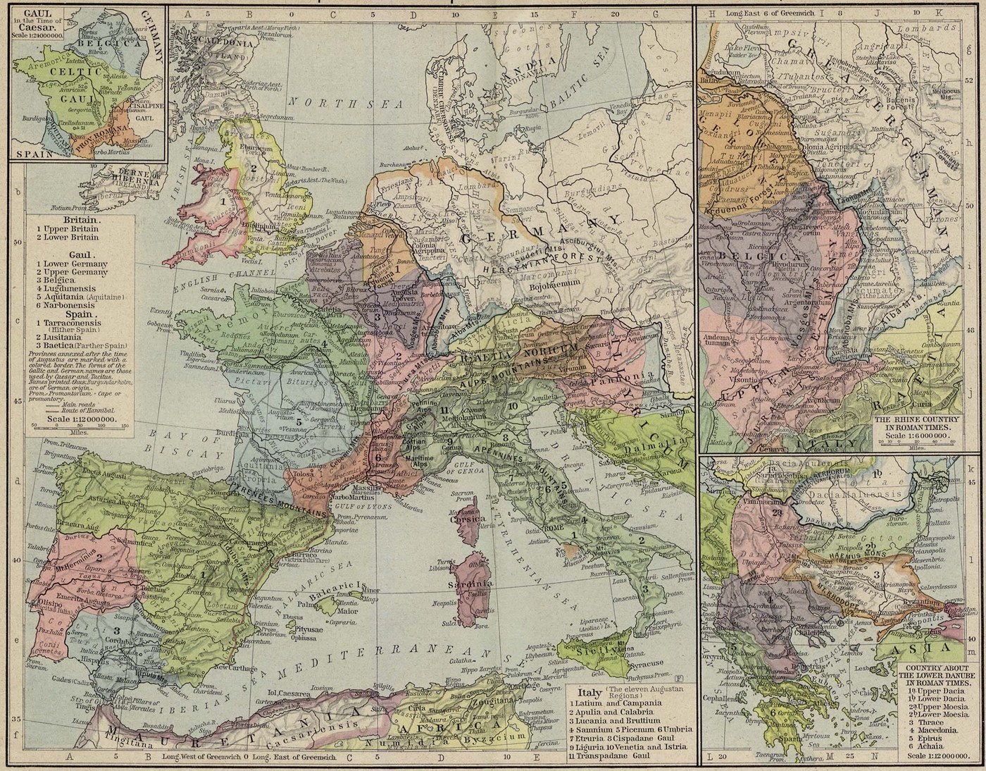 Barwna mapa historyczna zachodniej i środkowej Europy od Brytanii po Dunaj, z prowincjami rzymskimi, takimi jak Brytania, Galia, Hiszpania, Recja, Noricum, Panonia i Illyricum, zacienionymi na różowo, zielono, fioletowo i żółto, z Germanią za Renem bez koloru oraz trzema wstawkami: Galii, krainy nad Renem i dolnego Dunaju.