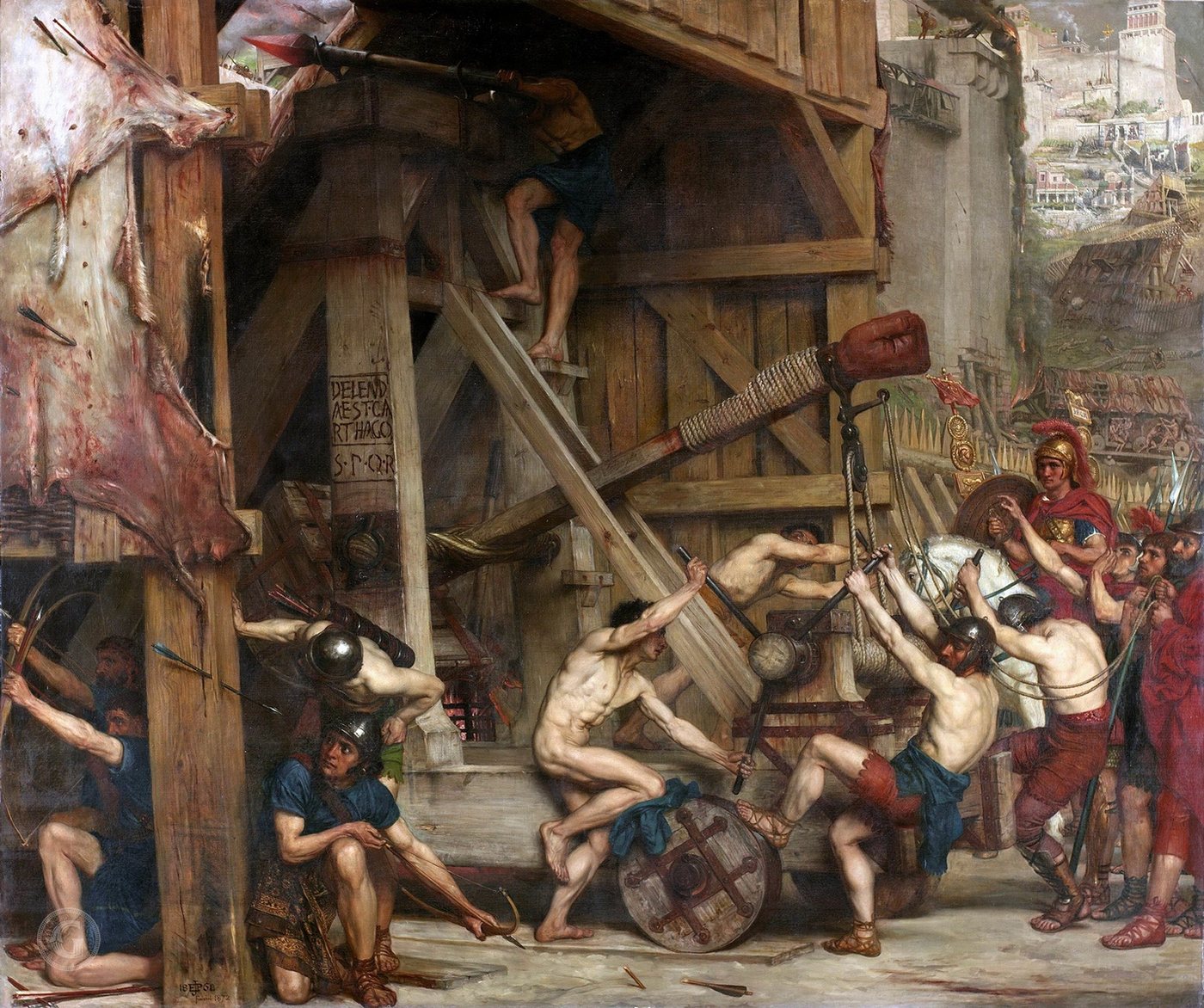 Painting of Roman soldiers straining at a huge wooden catapult in front of city walls