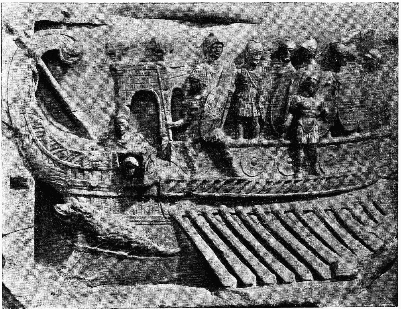 Black and white relief of a Roman galley with oars and armoured soldiers standing on deck