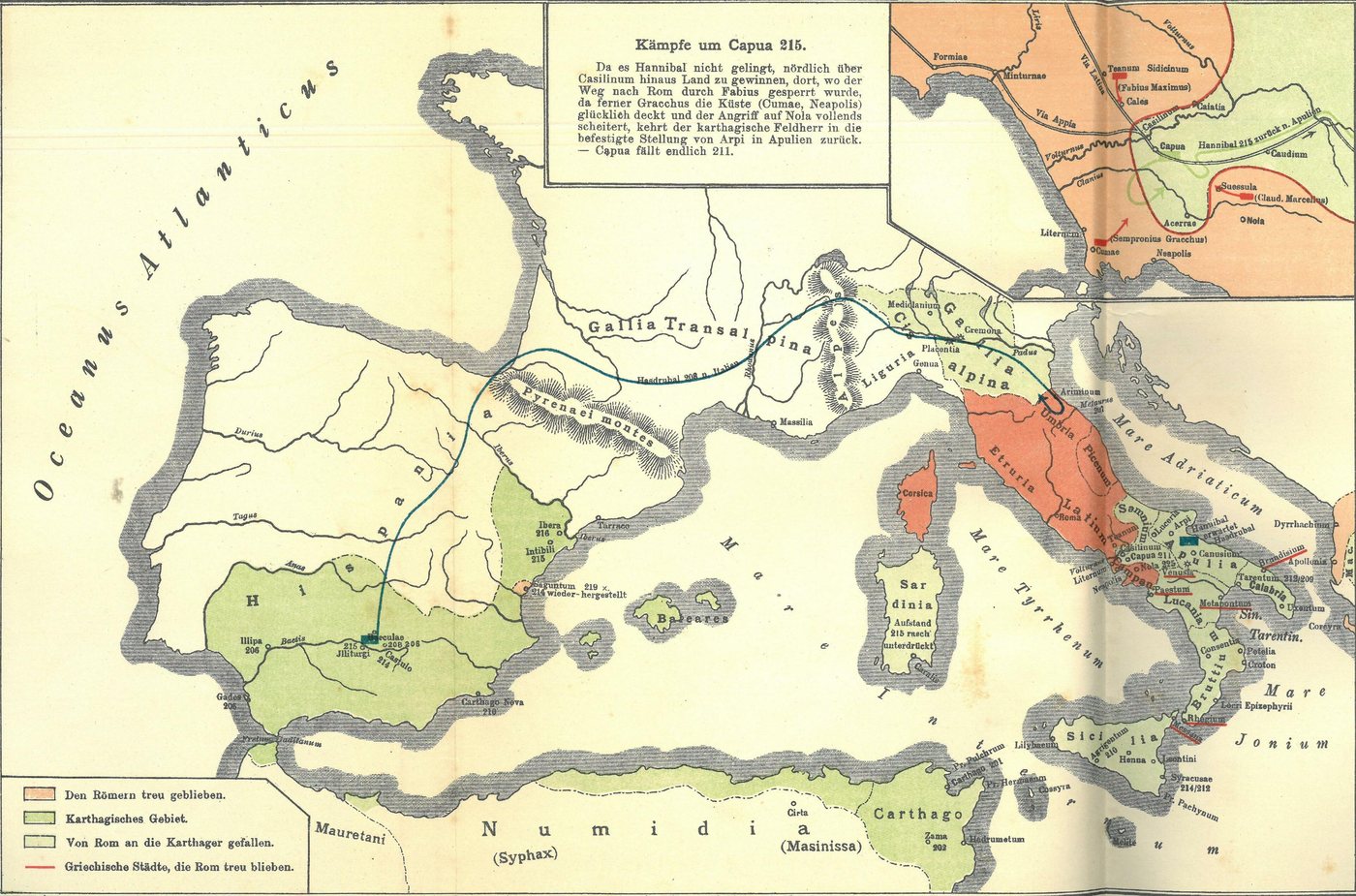 Coloured historical map of the western Mediterranean with Spain, Italy and North Africa and the routes of the Second Punic War