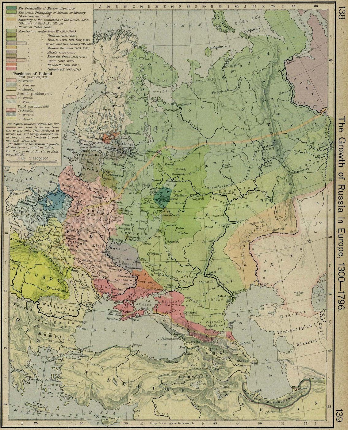 Barwna mapa historyczna Europy Wschodniej od Oceanu Arktycznego po Morze Czarne, z Księstwem Moskiewskim w ciemnej zieleni pośrodku, późniejszymi nabytkami Rosji w jaśniejszych zieleniach i żółciach, rozbiorami Polski w różu i błękicie na zachodzie i Imperium Osmańskim na południu.