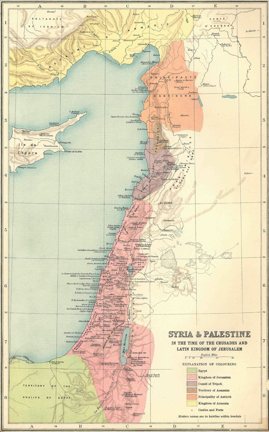 Coloured historical map of the coast of Syria and Palestine with the crusader territories marked