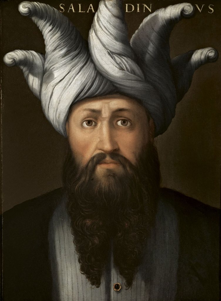 Renaissance portrait of a bearded man in a large white turban and dark robe, inscribed Saladin