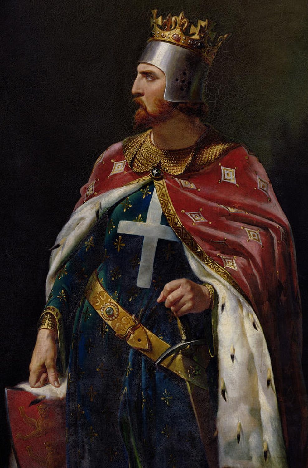 Painted portrait of a crowned king in mail armour with a white cross on his chest and an ermine cloak