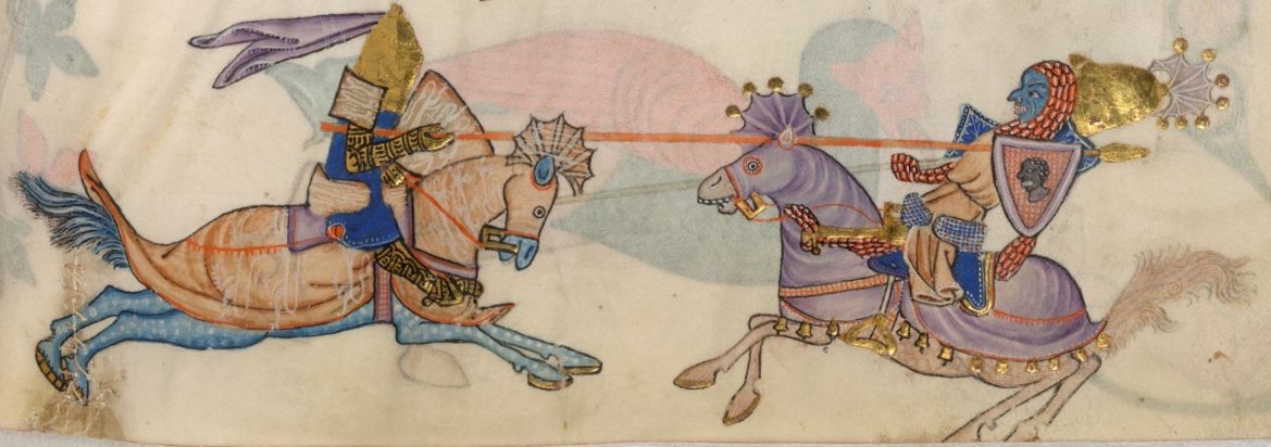 Medieval manuscript drawing of two mounted knights charging each other with lances
