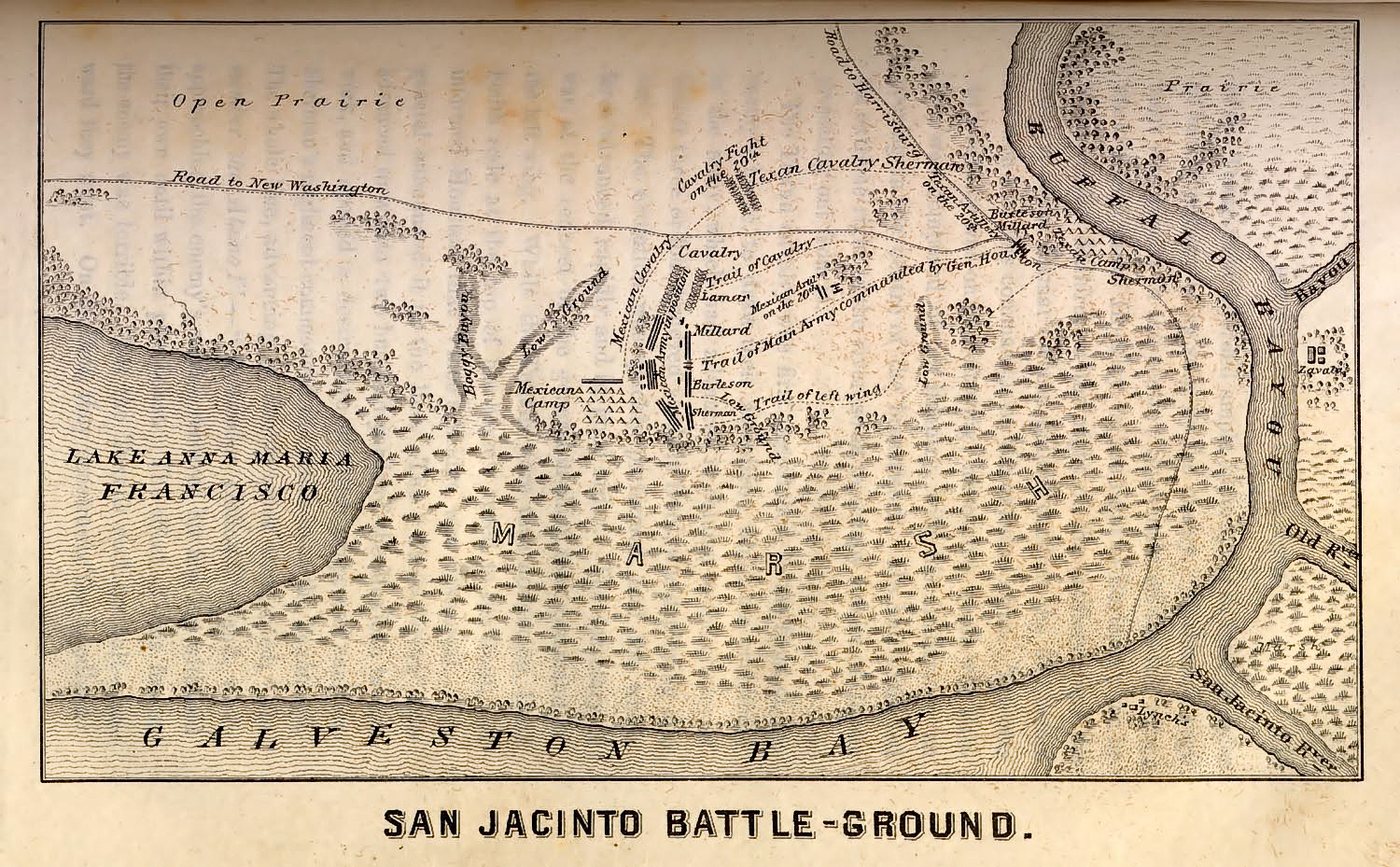 Old engraved map of the San Jacinto battleground with a lake, roads, troop positions and Galveston Bay