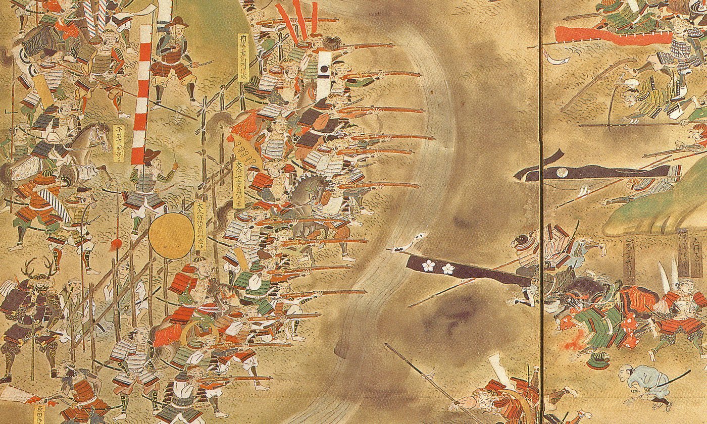 Japanese painted screen detail of foot soldiers firing matchlock guns behind a wooden fence at charging horsemen