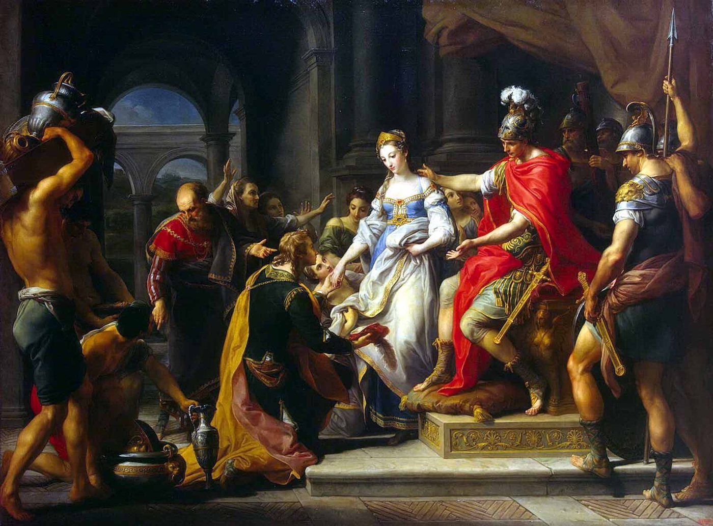 Painting of a Roman general on a throne gesturing to a young woman in white surrounded by soldiers