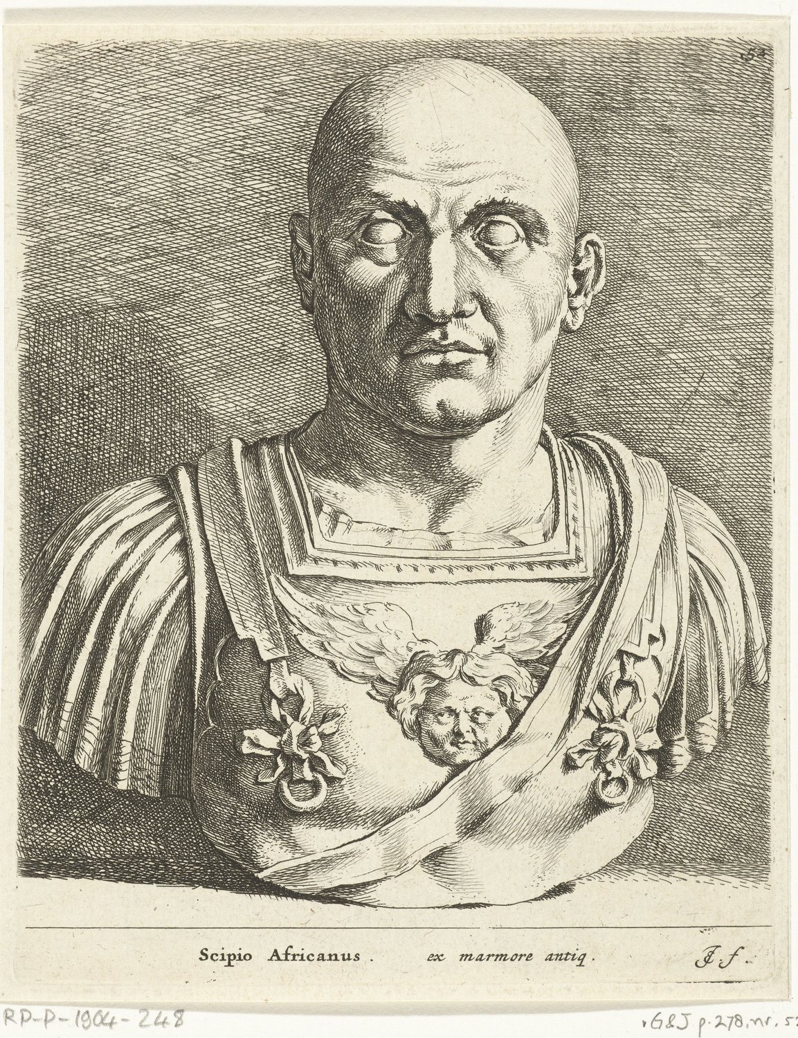 Etching of a bald Roman bust in armour, inscribed Scipio Africanus