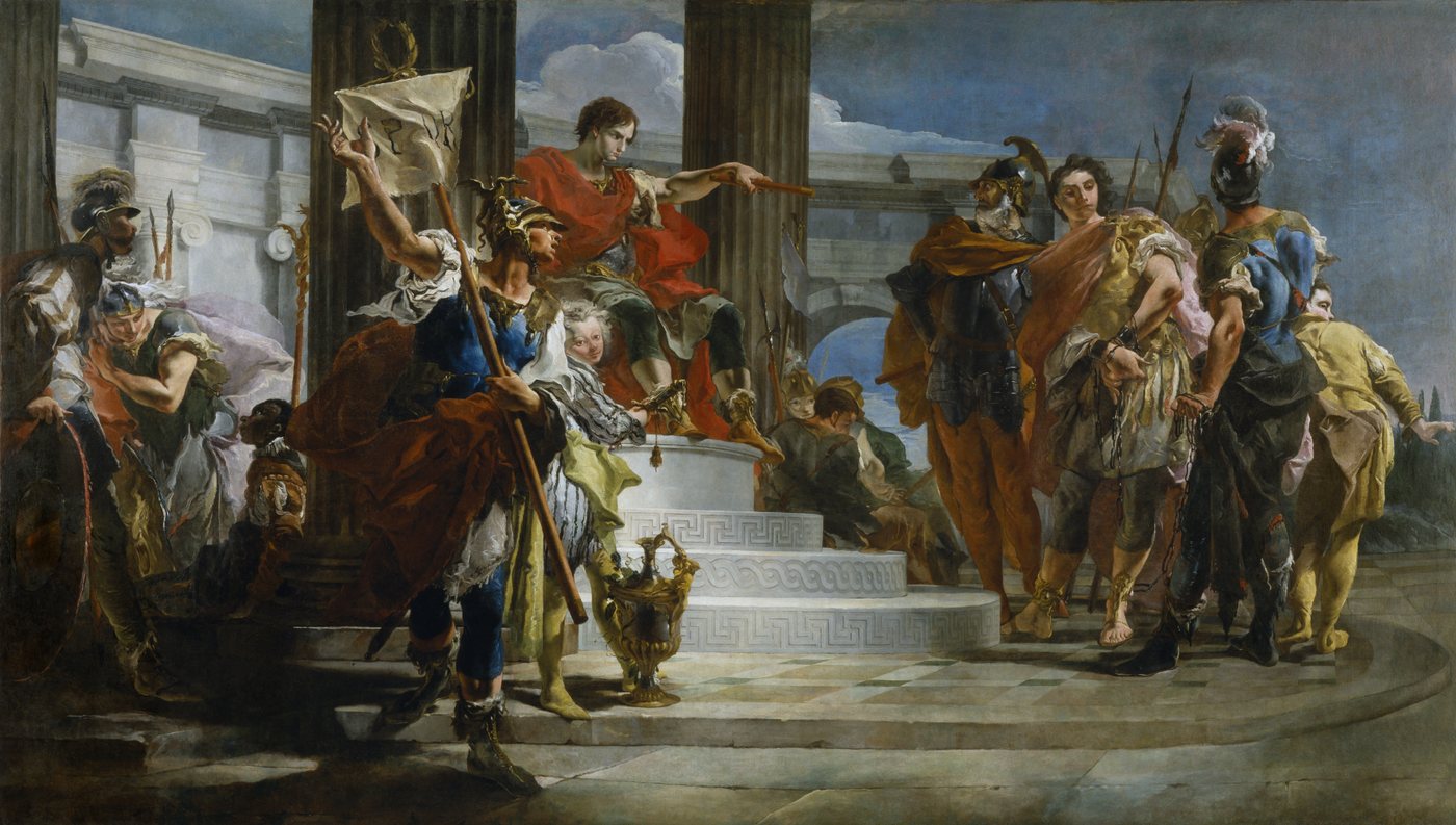 Baroque painting of a Roman general enthroned before soldiers and banners, receiving a young captive