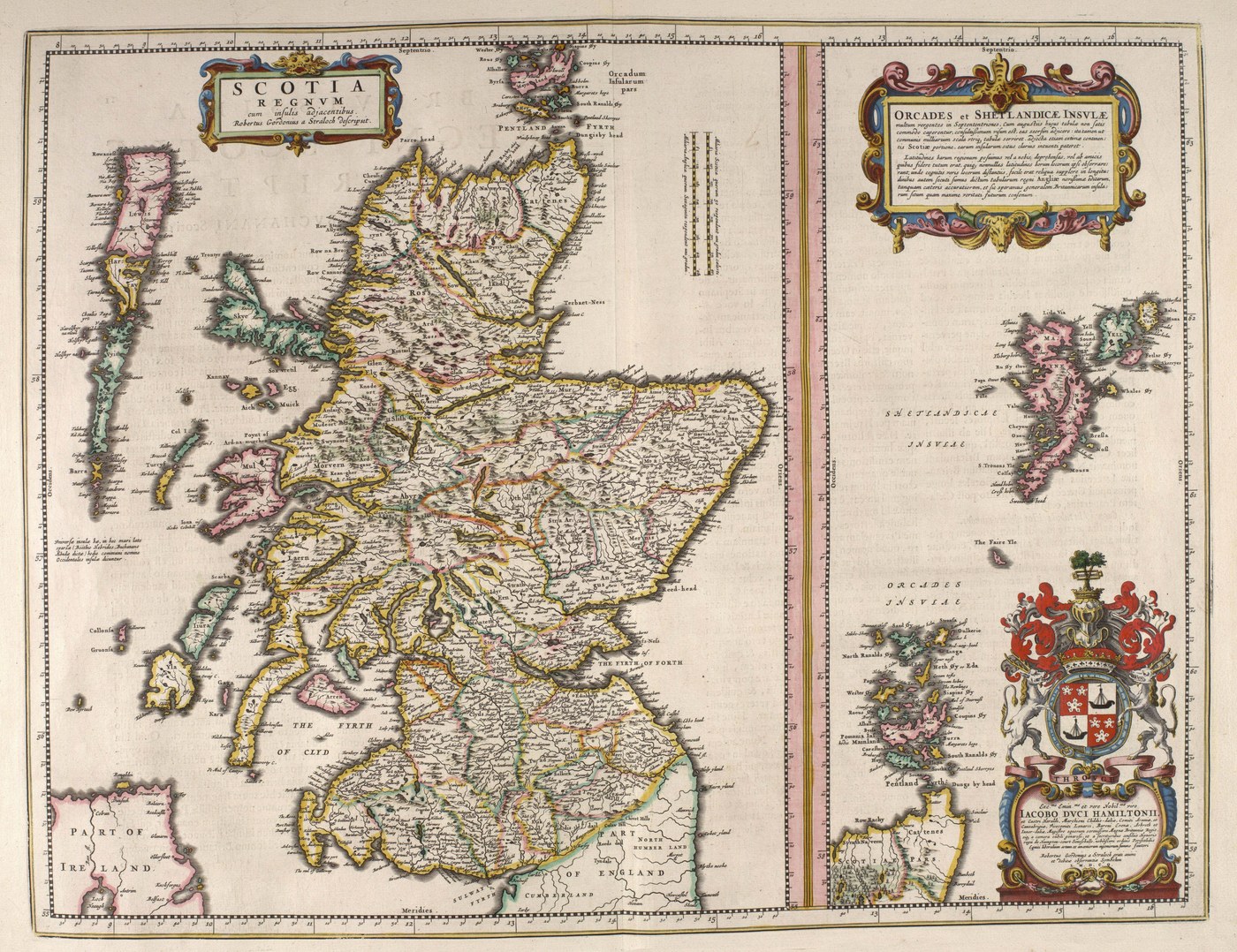 Hand-colored 17th-century map of Scotland with the Western Isles, Orkney and Shetland in an inset, a decorative title cartouche and a coat of arms.