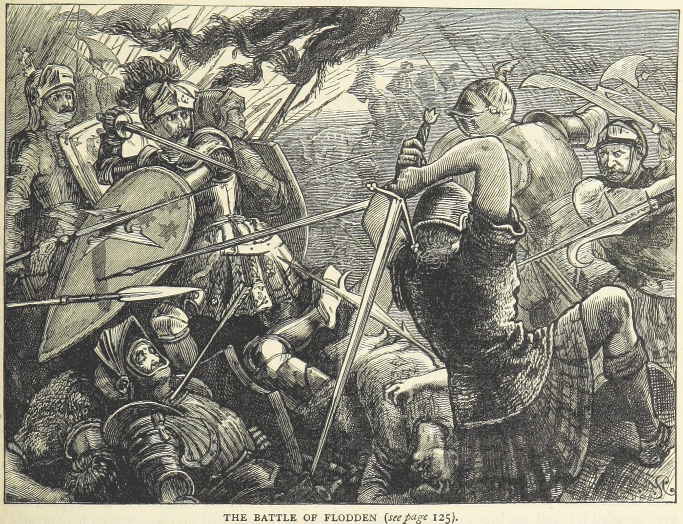 Black and white engraving of a crowded melee: armored knights with swords, bills and spears fight over fallen men.