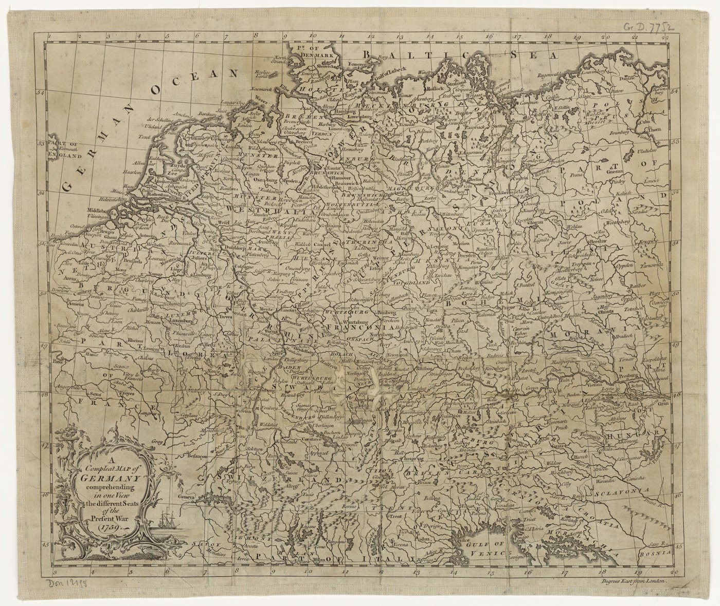 Sztychowana mapa XVIII-wiecznych Niemiec i krajów sąsiednich, od Morza Północnego i Bałtyku po Szwajcarię i Węgry, z zaznaczoną Saksonią, Czechami, Śląskiem i Hanowerem oraz ozdobnym kartuszem tytułowym w lewym dolnym rogu.