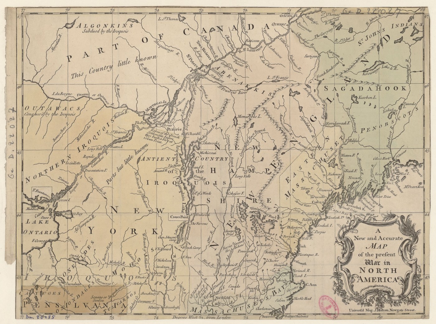 Sztychowana mapa pogranicza Kanady, Nowego Jorku i Nowej Anglii z rzeką Świętego Wawrzyńca, Montrealem, jeziorem Champlain, Crown Point i ziemiami Irokezów.