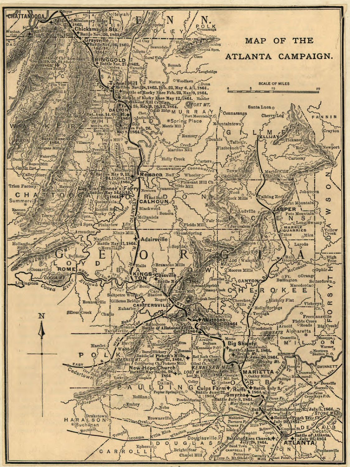 Stara drukowana mapa północno-zachodniej Georgii z koleją z Chattanoogi do Atlanty i opisanymi miejscami bitew, m.in. Resaca, Kennesaw Mountain i Atlanta