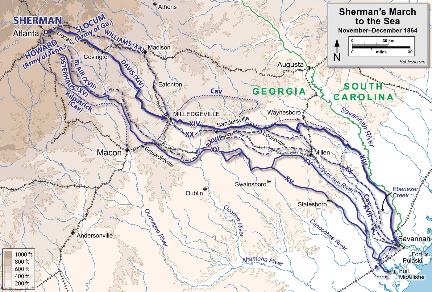 Kolorowa mapa Georgii z kolumnami Unii maszerującymi z Atlanty na południowy wschód do Savannah, z opisanymi rzekami, kolejami i miastami