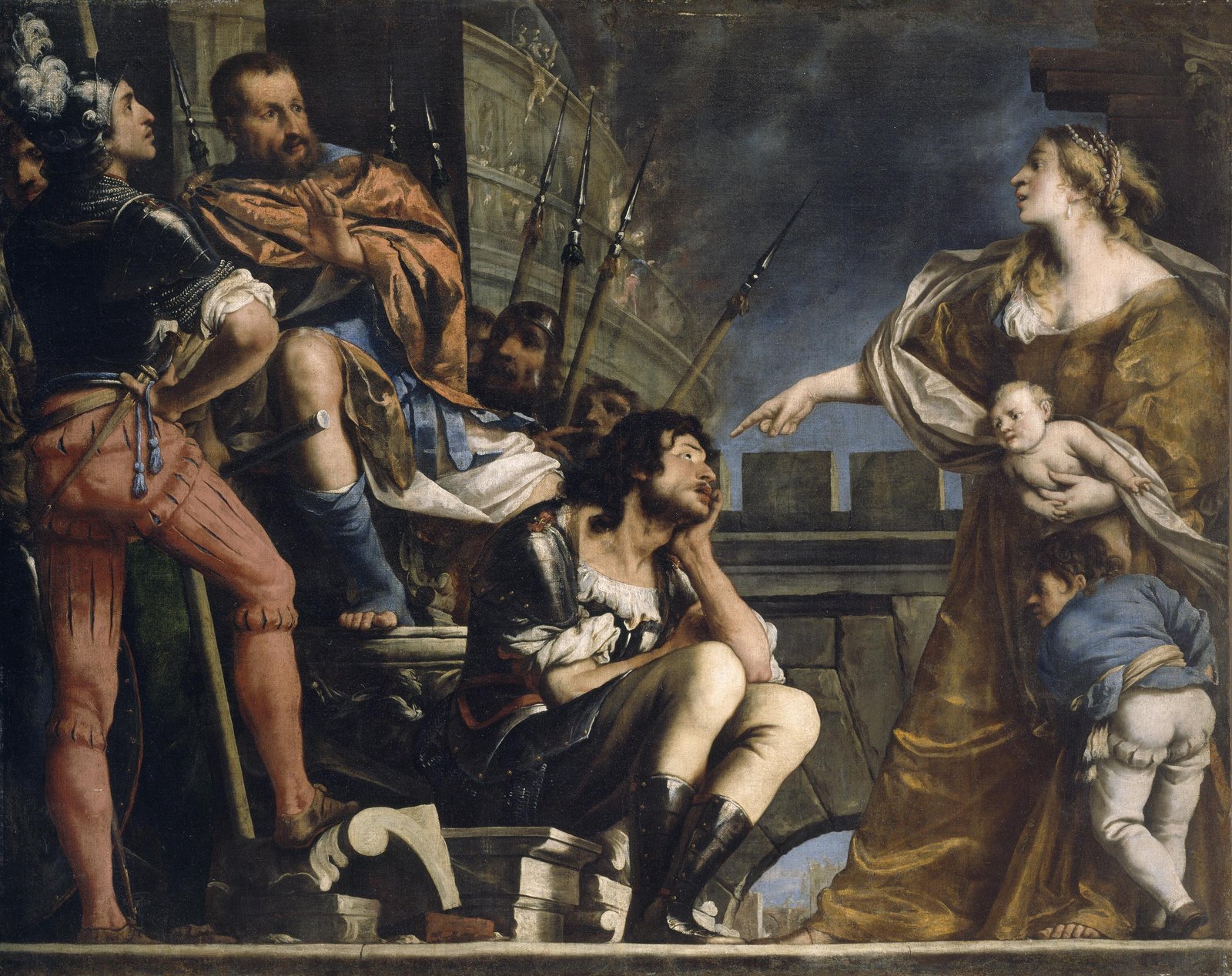 Seventeenth-century oil painting: a woman in a golden dress, holding a baby with a small boy clinging to her skirt, points accusingly at a dejected man in armor sitting on a step, while a bearded commander in an orange cloak raises his hand from a high seat surrounded by soldiers with spears
