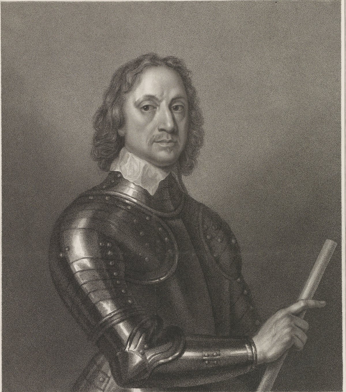 Stipple engraving of a middle-aged man with shoulder-length hair, a small mustache and a plain white collar, wearing studded plate armor and holding a baton