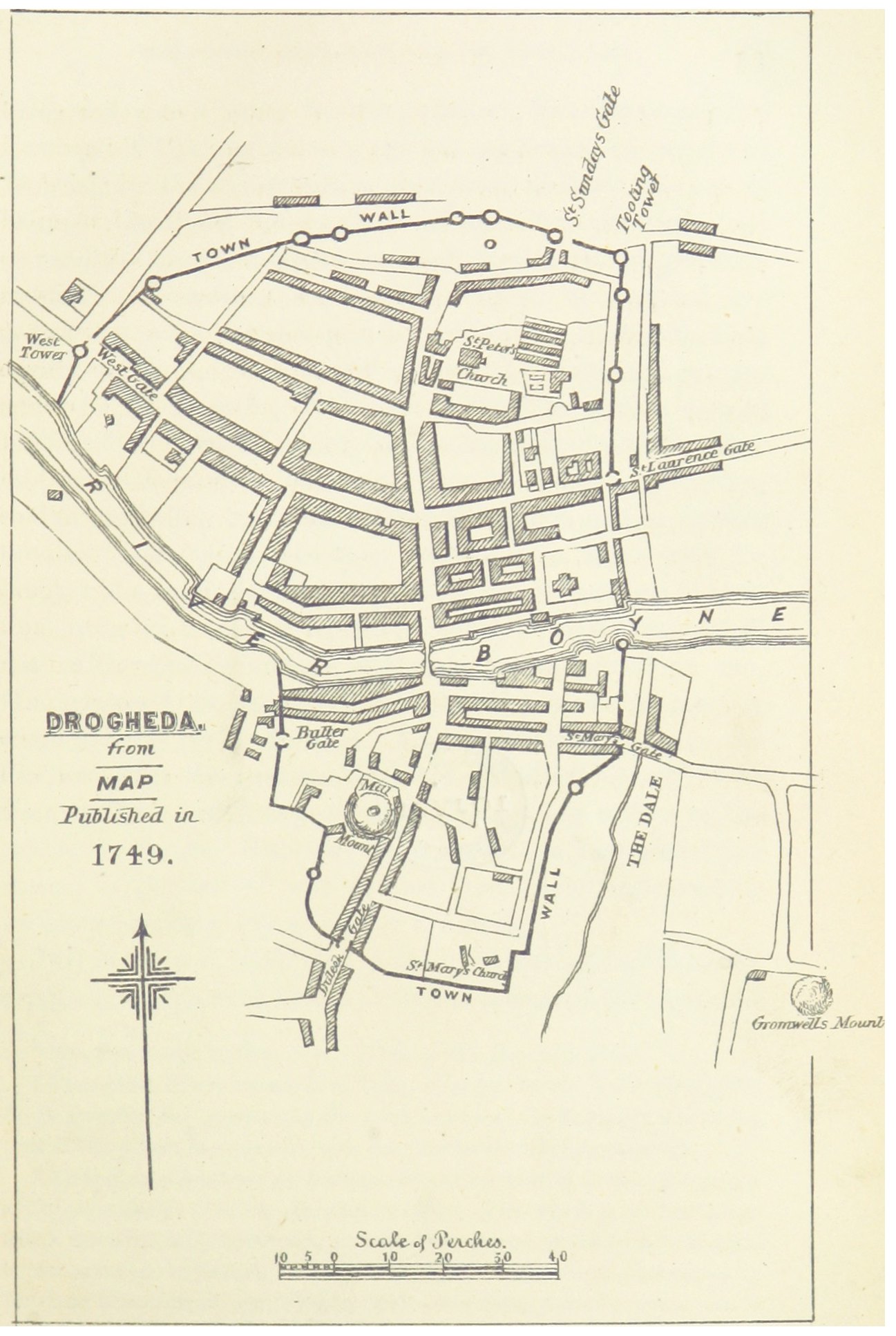 Black and white town plan of Drogheda with the River Boyne running across the middle, the walled northern and southern halves linked by one bridge, and labels for St Peter's Church, St Sunday's Gate, St Laurence Gate, the Mill Mount, St Mary's Church and Duleek Gate, with a north arrow and scale bar