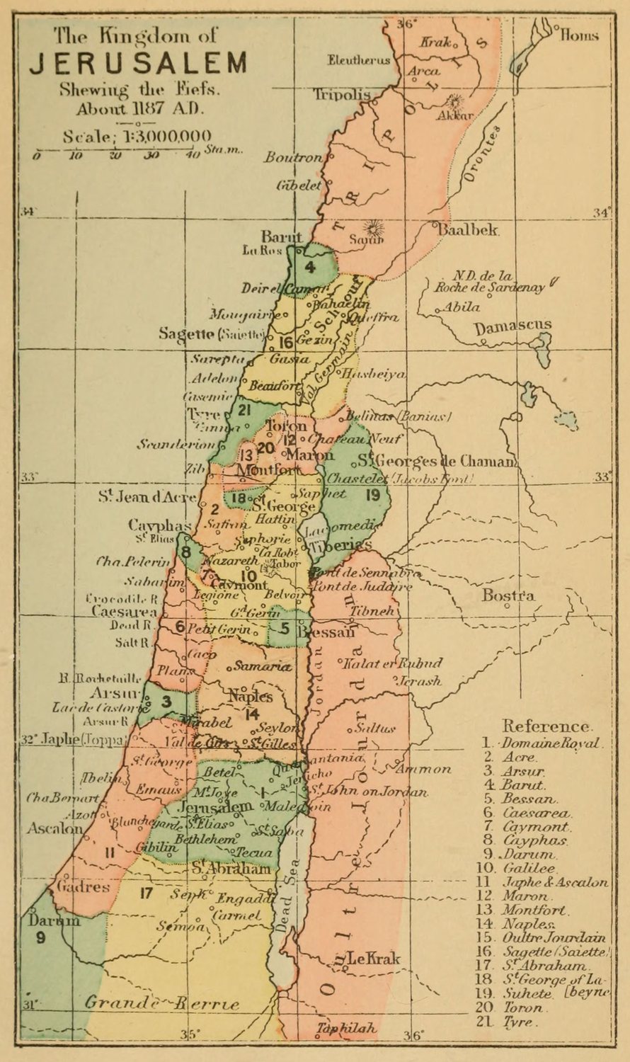 Coloured historical map of Palestine divided into the fiefs of the crusader kingdom