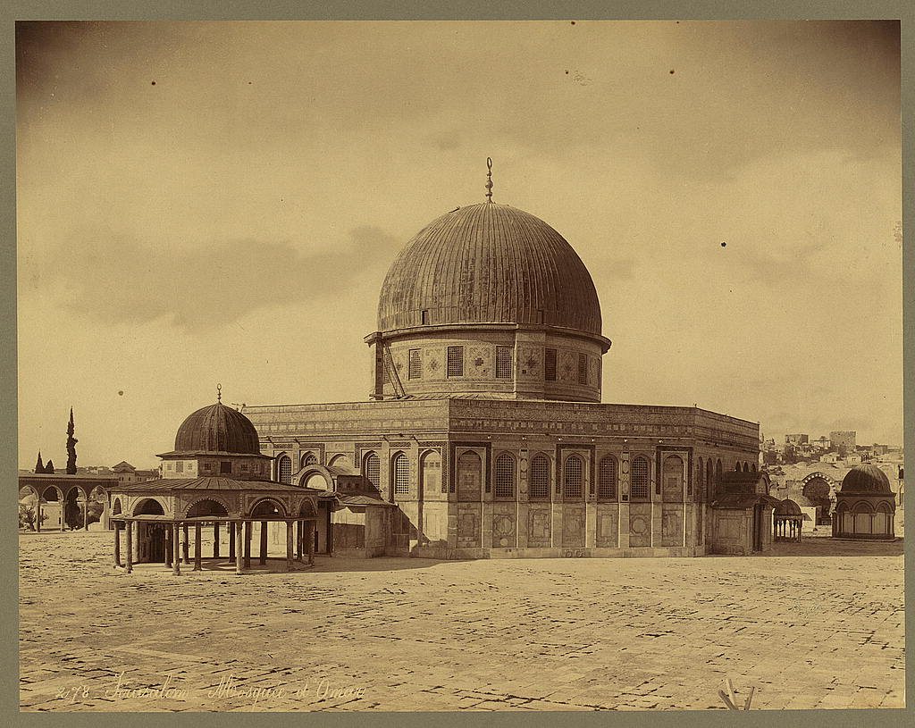 Old sepia photograph of the octagonal Dome of the Rock on its wide stone platform