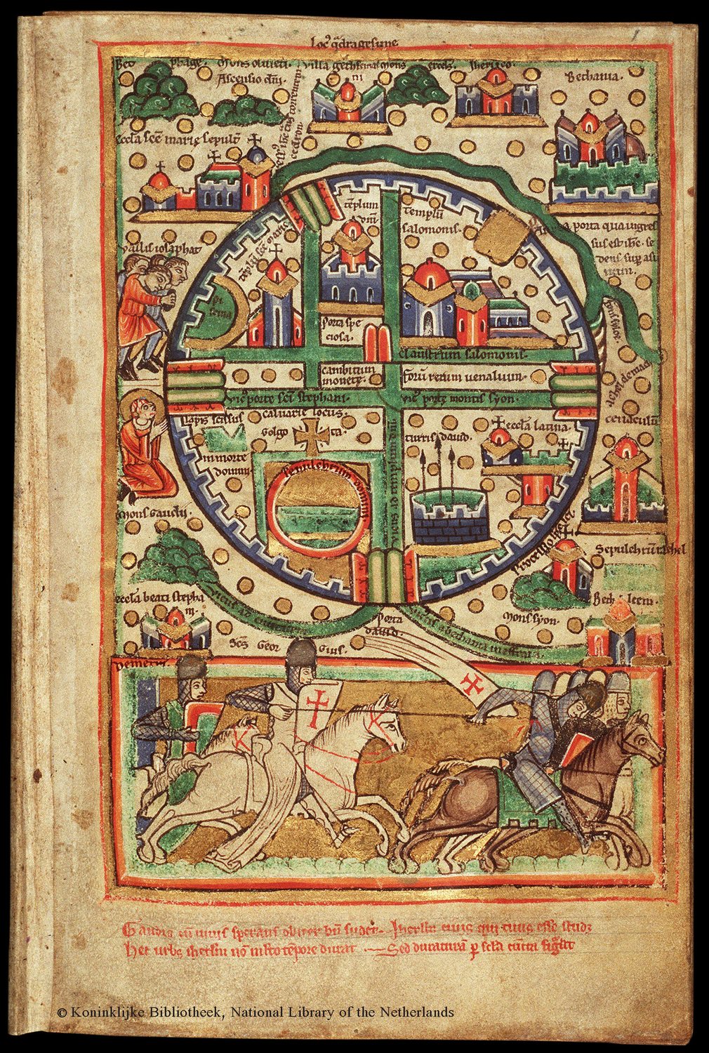 Medieval circular map of walled Jerusalem divided by crossing streets, with knights riding below