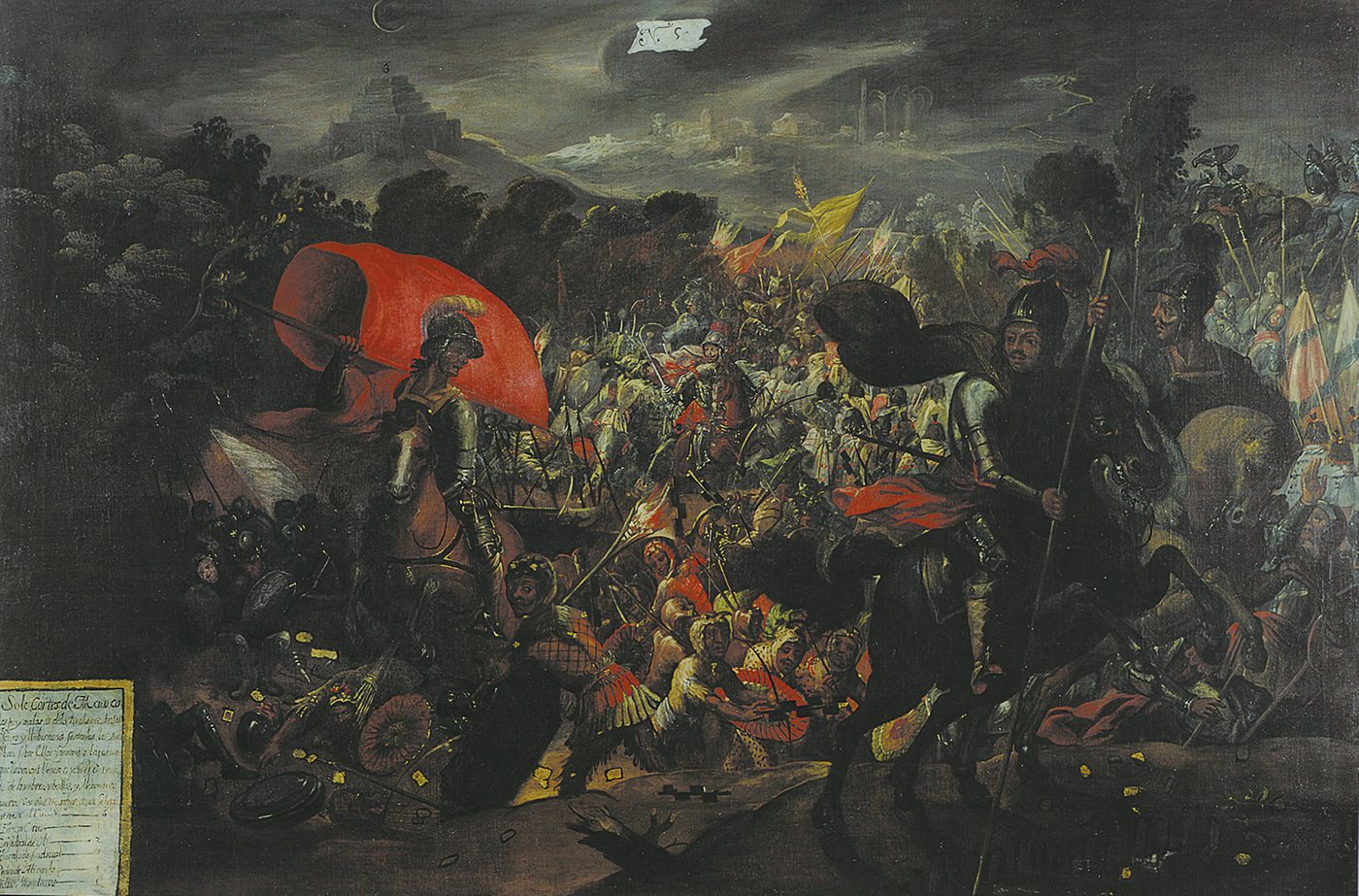 Seventeenth-century painting of a chaotic night battle as the Spaniards flee Tenochtitlan