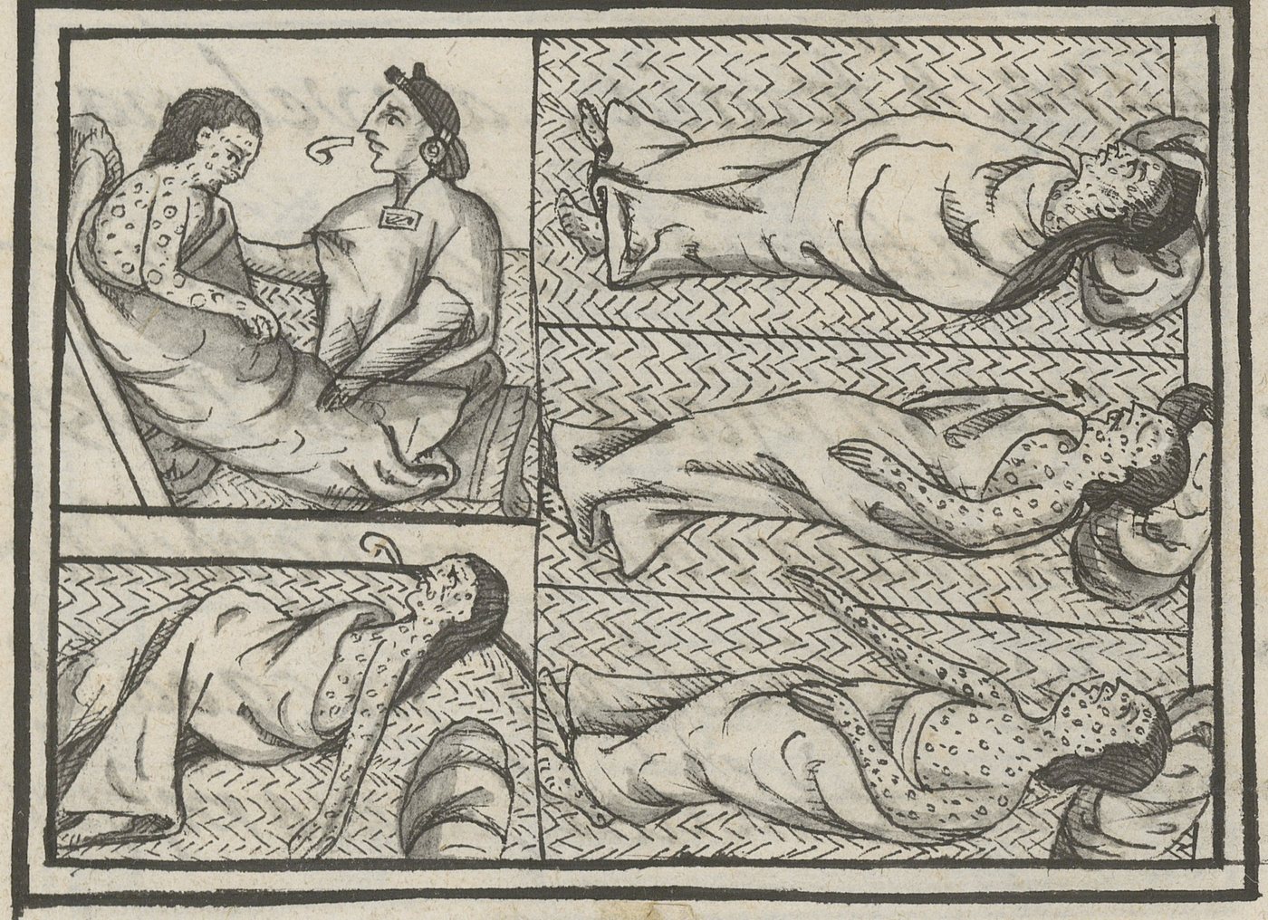 Florentine Codex drawing of a healer beside people covered in smallpox sores lying on mats