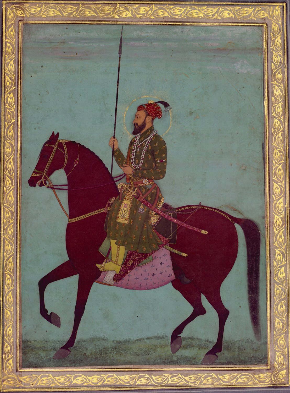 Mughal miniature of a bearded emperor with a halo riding a dark red horse and holding a long spear, inside a gold floral border
