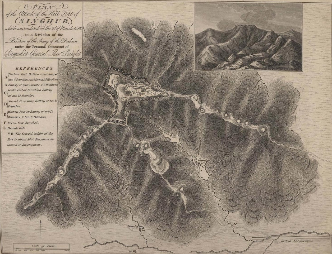 Engraved plan of a hill fort on a steep ridge, with hachured slopes, lettered batteries, a hamlet below and an inset view of the mountain