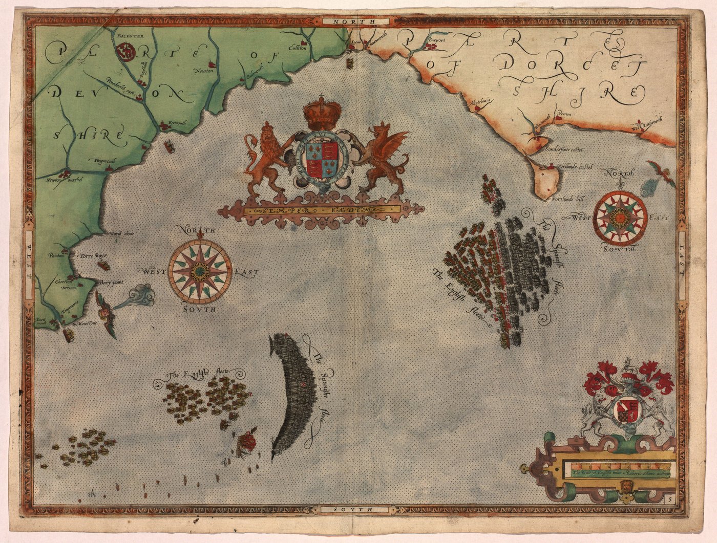 Ręcznie kolorowana sztychowana mapa morska południowego wybrzeża Anglii od Devonu po Dorset, z herbem królewskim pośrodku morza, dwiema różami wiatrów, flotą hiszpańską narysowaną jako gęsty półksiężyc okrętów i angielskimi eskadrami jako mniejszymi grupami podążającymi za nią.