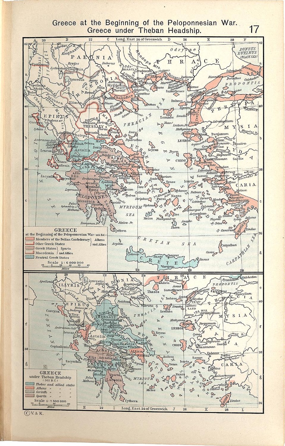 Atlas page with a colour map of Greece and the Aegean at the start of the Peloponnesian War