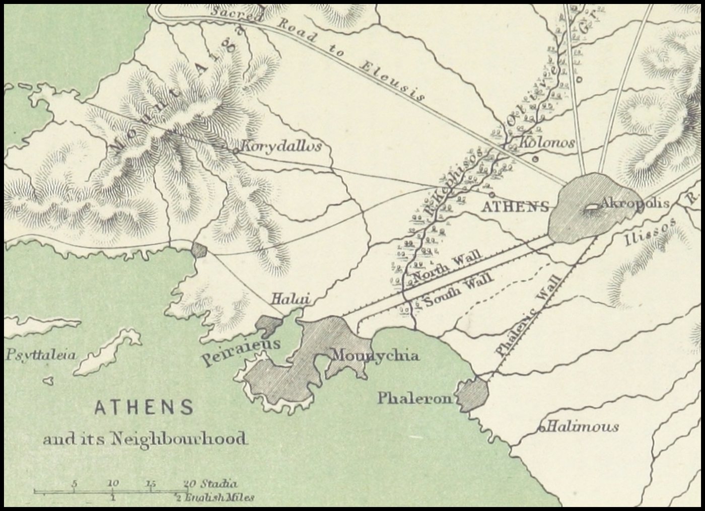 Nineteenth-century map of Athens with the Long Walls running down to the harbours of Piraeus and Phaleron