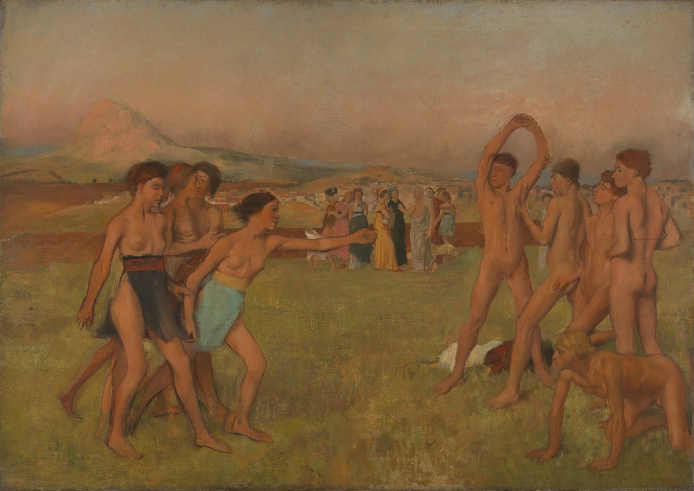Painting of Spartan girls and boys facing each other on an open plain