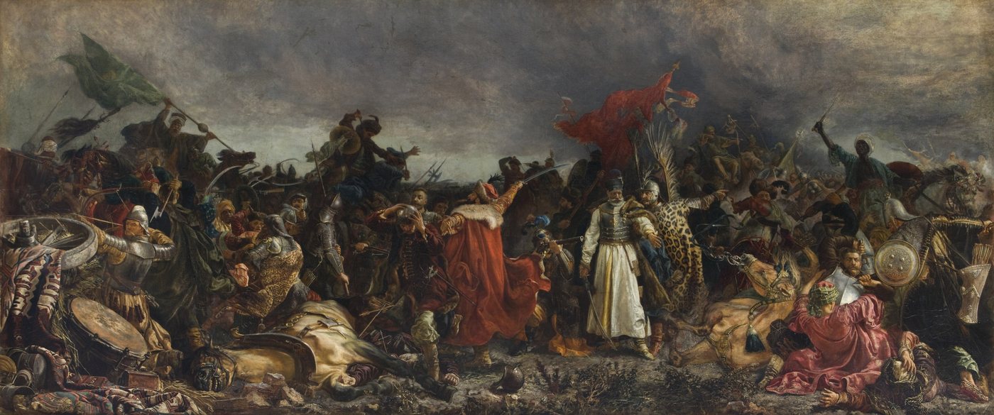 Panoramic painting of Polish nobles fighting Ottoman and Tatar warriors around a red banner