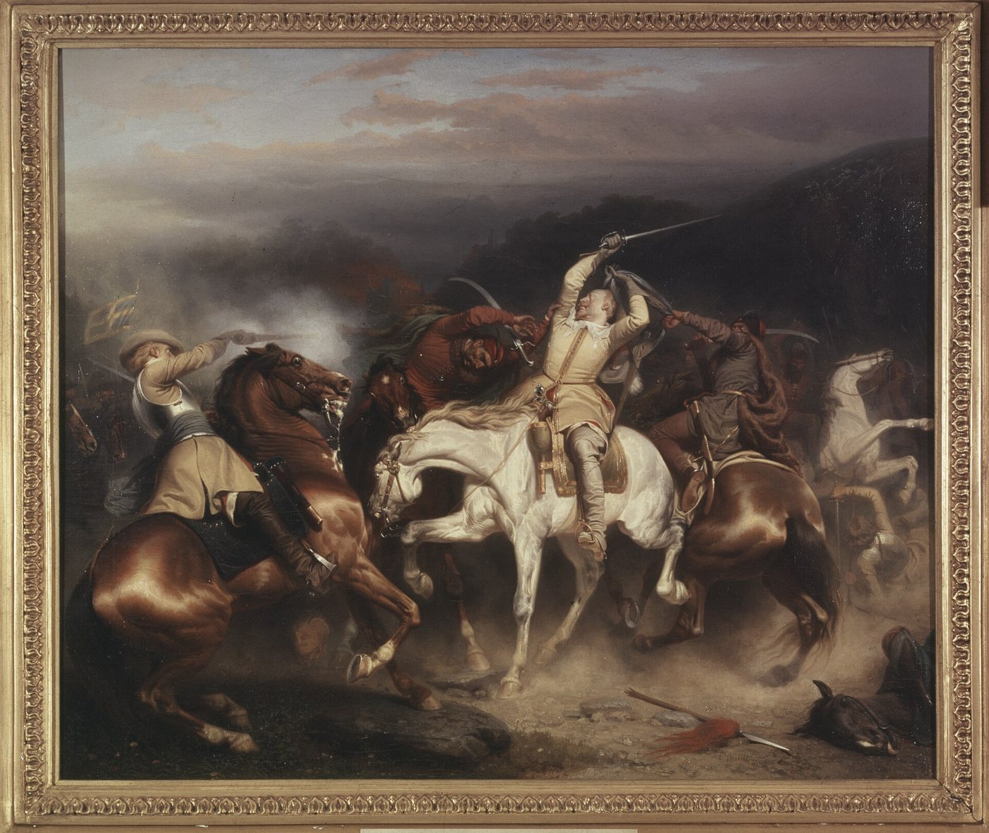Painting of a fierce cavalry melee around the Swedish king on a white horse