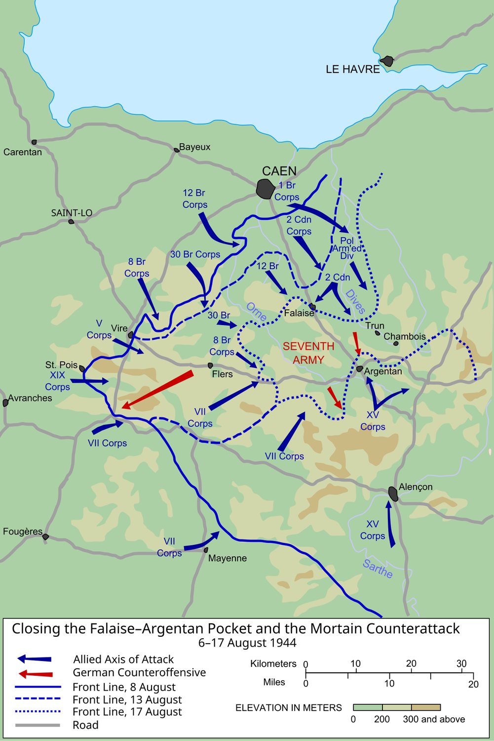 Map of Normandy showing Allied advances closing the Falaise pocket around the German Seventh Army