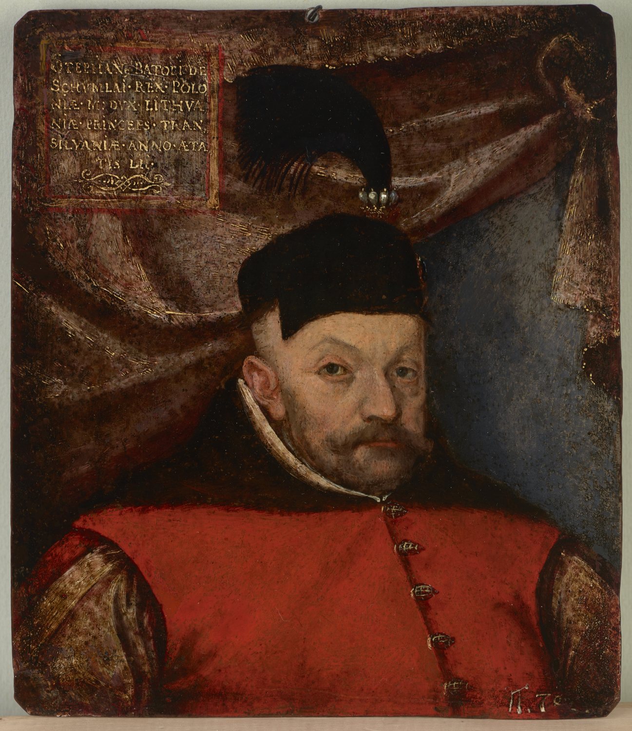 Portrait of Stefan Batory in a red coat and dark fur cap with a Latin inscription