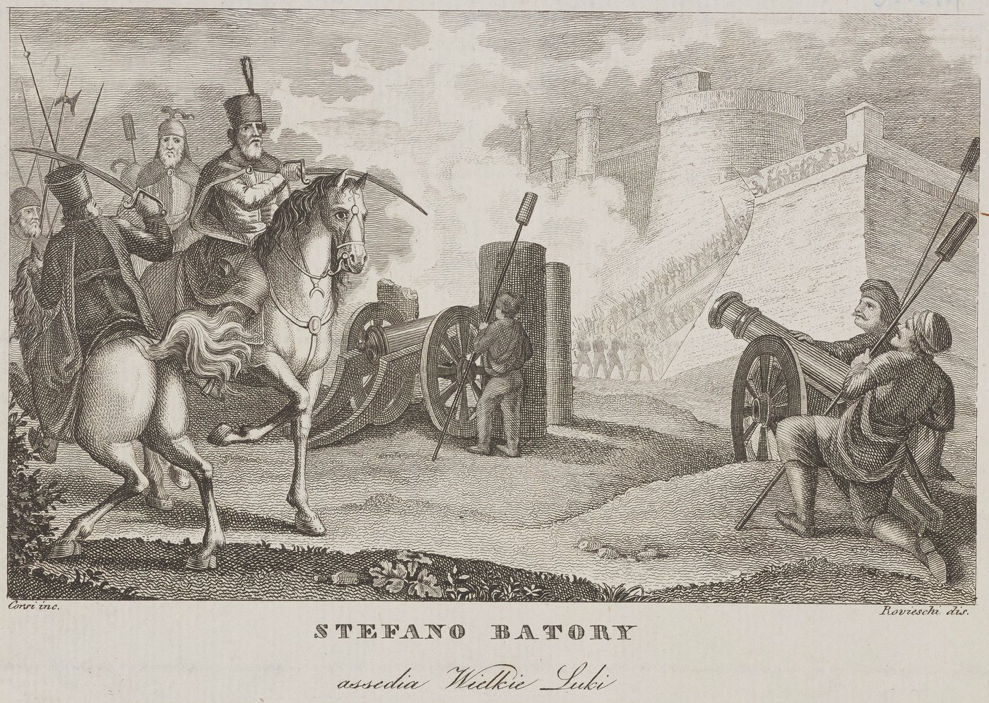 Engraving of Batory on horseback directing cannon against the walls of a fortress